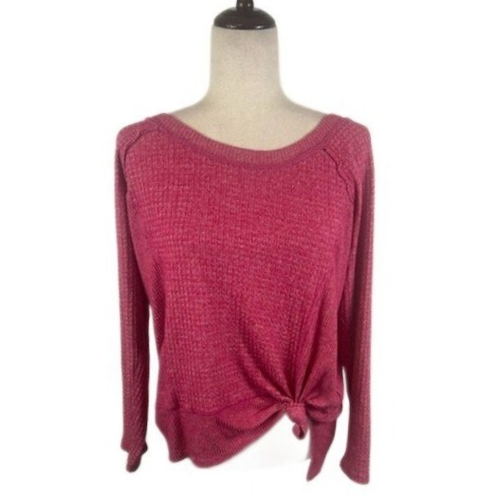Eri + Ali Anthropologie Women's Pink Waffle Long Sleeve Tie Front Top Size Large